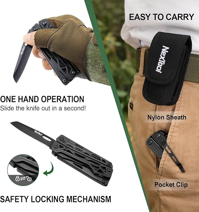 NexTool Multitool, 11 in 1 Multi Tool with Needle Nose Pliers, Scissors and Screwdriver Bits, Stainless Steel Multi Tool Pocket Knife with Safety Locking for Camping,Fishing,Hiking, Mens Gifts Unique