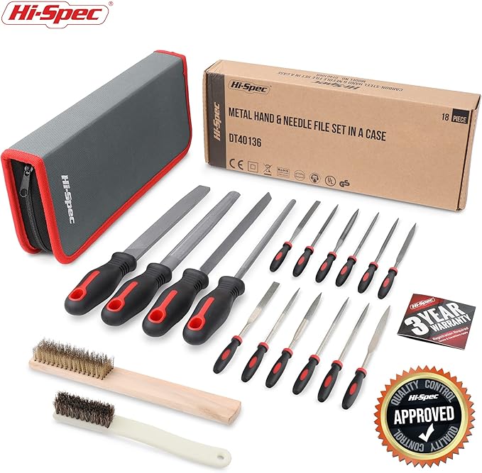 Hi-Spec 18 Piece Metal Hand & Needle Files Tool Set Kit. Large & Small Mini T12 Carbon Steel Diamond Flat, Half, Round, Triangle Files for DIY, Wood and Crafts. Complete in a Zipper Case with Brushes