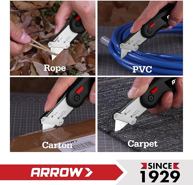 ARROW Utility Knife with Blade Storage Design, Quick Change Box Cutter, Speed Release Folding Knife with Belt Clip and Landyard Hole, Extra 13 Pieces SK2 Blades Included