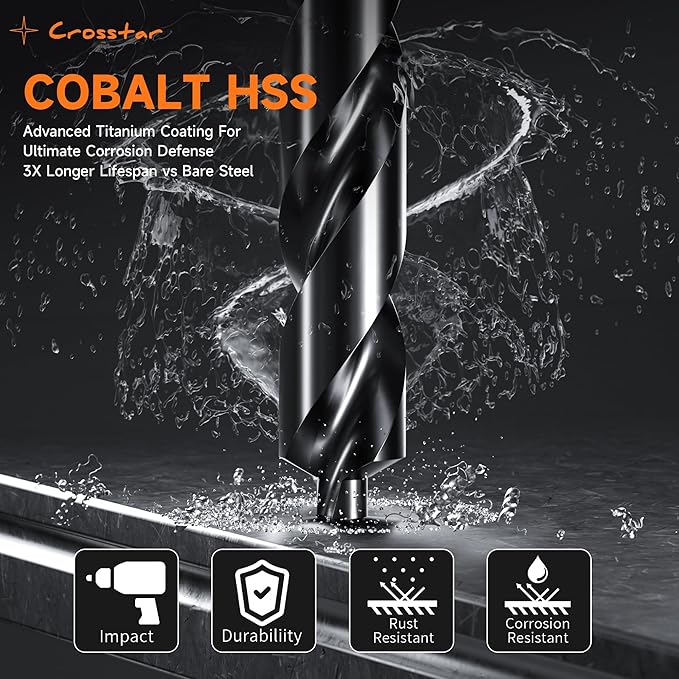 Crosstar M35 Cobalt Drill Bit Set - 21pcs 1/16"-1/2" Titanium Coated Self-Centering Metal Drill Bits for Hardened Steel, Stainless Steel, Cast Iron | Bullet Point Tip, High-Speed Jobber Bits