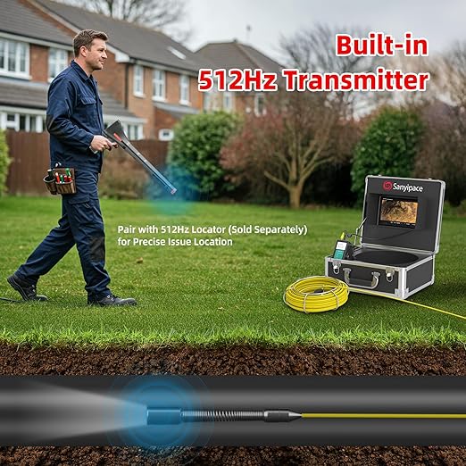 Sanyipace Sewer Camera 65FT/20M, Self-Leveling Drain Pipe Plumbing Camera with 512Hz Transmitter, Clear Meter Marks, for Plumbers Homeowner Home Inspectors Construction Maintenance Worker