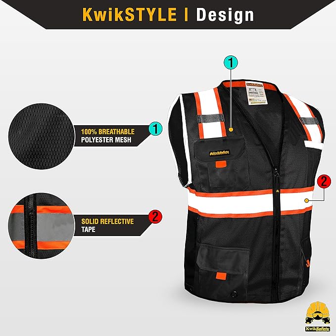 KwikSafety - Charlotte, NC - UNDERBOSS Safety Vest [11 POCKETS] Premium ANSI Class Unrated High Visibility Vest Construction Surveyor Reflective Vest Industrial Work Safety Vest for Men/Black 2XL