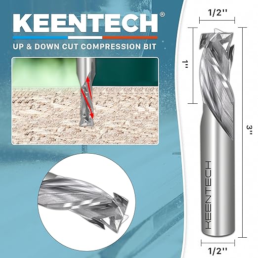 KEENTECH 1/2" Shank 3 Flute Flat Tip Compression Sprial Router Bit for CNC Router Machine, 1/2" Cutting Diameter, 1" Cutting Depth, for Wood Cutting, Custom Furniture, Slot Mortise, Engraving