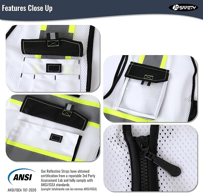 JKSafety Hi Vis Reflective Safety Vests for Men Women High Visibility Vest with Pockets Mesh Fabric Construction Safety Apparel Neon Vest for Work (220-White M)