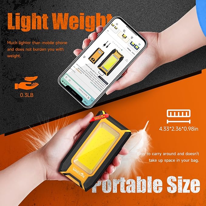 WARSUN 2 PC LED Rechargeable Work Light, Magnetic COB Portable Worklights, 40w 1500 Lumens, Metal Hanging Hook 3 Lighting Modes, Job Site Lighting for Car Repairing, Camping,Hunting Repairing,Yellow