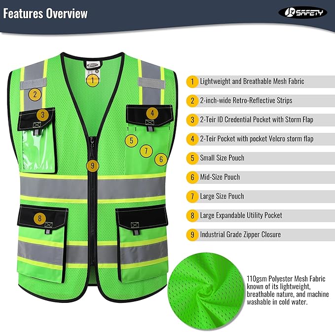 JKSafety Hi Vis Reflective Safety Vests for Men Women High Visibility Vest with Pockets Mesh Fabric Construction Safety Apparel Neon Vest for Work (220-Green XXL)