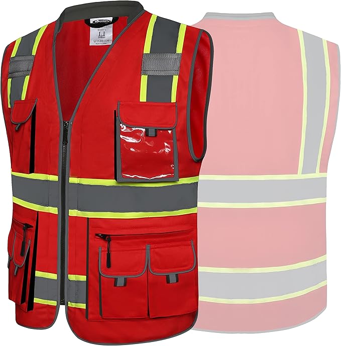 JKSafety 10 Pockets Hi-Vis Zipper Front Fluorescent Red Safety Vest | Cushioned Collar | High Reflective Tapes with Extended Neon Yellow Strips | Meets ANSI/ISEA Standards (Large, 89-Red)