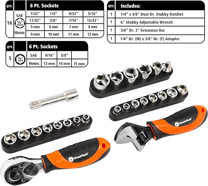 GreatNeck 48-Piece Multi Drive Stubby Mechanics Tool Set, Metric and SAE