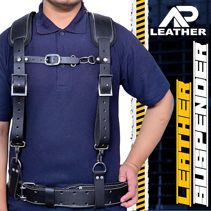 Tool Belt Suspenders – Heavy-Duty Adjustable Work Suspenders with 4 Detachable D-Loop for Construction Tool Belt (Black)