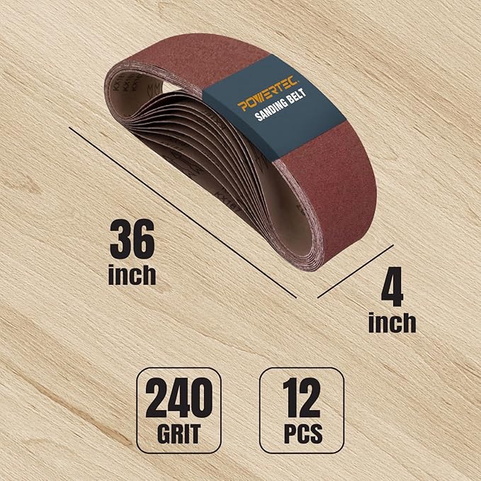 POWERTEC 12PK 4x36 Sanding Belts, 240 Grit Aluminum Oxide, 4 x 36 Inch Sanding Belts for Benchtop Belt and Disc Sander, Belt Sandpaper for Woodworking, Metalworking, Paint, Rust Removal (110153-P4V)