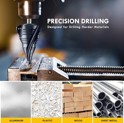 Four Sprial Flute M35 Cobalt Step Drill Bit, 1/4"-1-3/8" Ultra TiAIN Coated Unibit Step Bit, 1/4" Hex Shank Drill Bit for Metal, Stainless Steel, Aluminum, Copper, Wood, PVC
