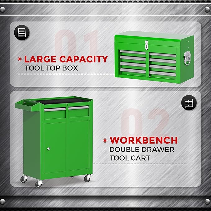 Crownland 5-Drawer Rolling Tool Chest with Wheels, Lockable 2 in 1 Detachable Tool Cabinet wit Drawers and Black Liners, Garage Top Toolbox & Bottom Storage Cart with Side Hooks(Green)
