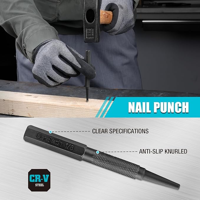 DURATECH 14 Piece Punch/Chisel/Alignment Tool Set, Including Pin Punch, Center Punches, Nail punch, Alignment Tool, Cold Chisels, Chisel Gauge, for Removing Repair Tool, with Rolling Pouch