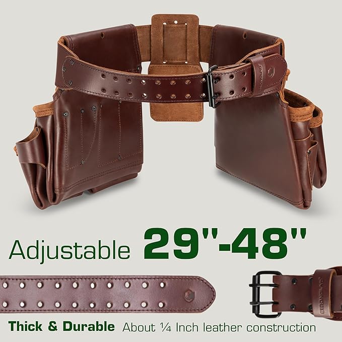 STRONGLAD Tool Belt - Framing Tool Belt for Carpenters - Tool Belts for Men - Carpenter Pouches for Construction - 21 Pockets, Oil-Tanned Full-Grain Leather T800