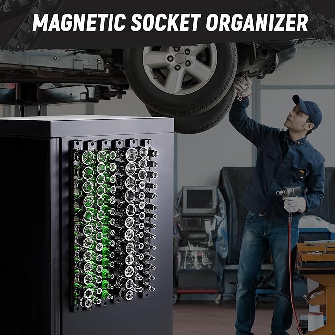 ALOANES Magnetic Socket Organizer Set, 6-Piece Heavy Duty Aluminum Socket Holder Socket Rail Organizer for Tool Box, 360° Swivel Clips Socket Rack 1/4, 3/8, 1/2-Inch x 80 Clips (Black)