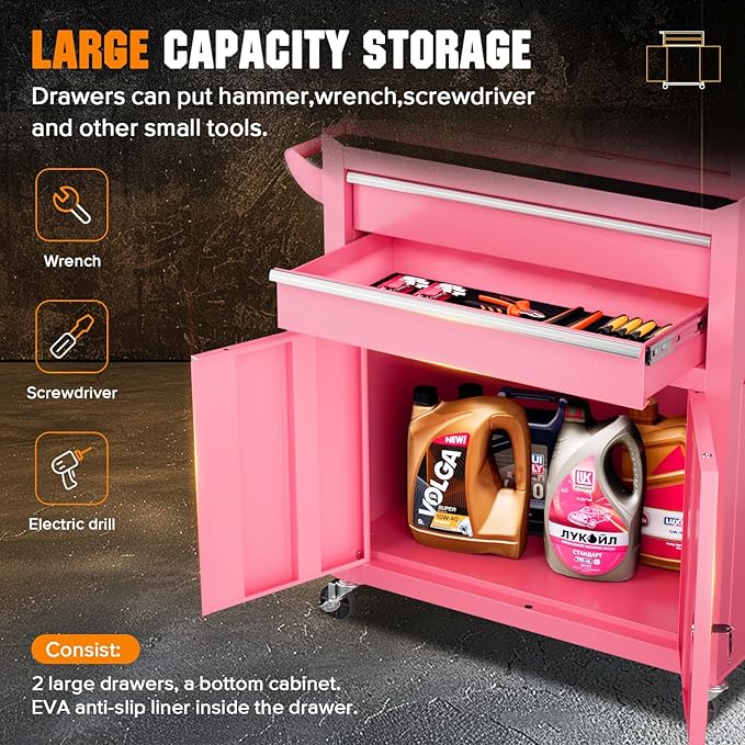 Crownland 8-Drawer Rolling Tool Chest with Wheels, Lockable 2 in 1 Detachable Tool Cabinet wit Drawers and Black Liners, Garage Top Toolbox & Bottom Storage Cart with Side Hooks(Pink)