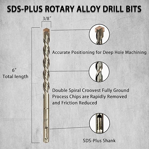 Direko 5-Piece 3/8 inch x 6 Inch SDS Plus Rotary Hammer Drill Bits Carbide Tipped Concert Drill Bits for Concrete, Brick, Cement Walls, Stone, Hammer Drill Bits for Concrete