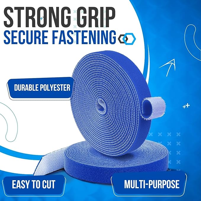 TNP Hook and Loop Tape Strap Cable Ties Fastener (Blue) (15 Feet) - Sticky Self Adhesive Nylon Fabric Roll Wrap 0.75" Wide 5 Yards Reusable for Cutting Custom Length Cord Wire Fastening