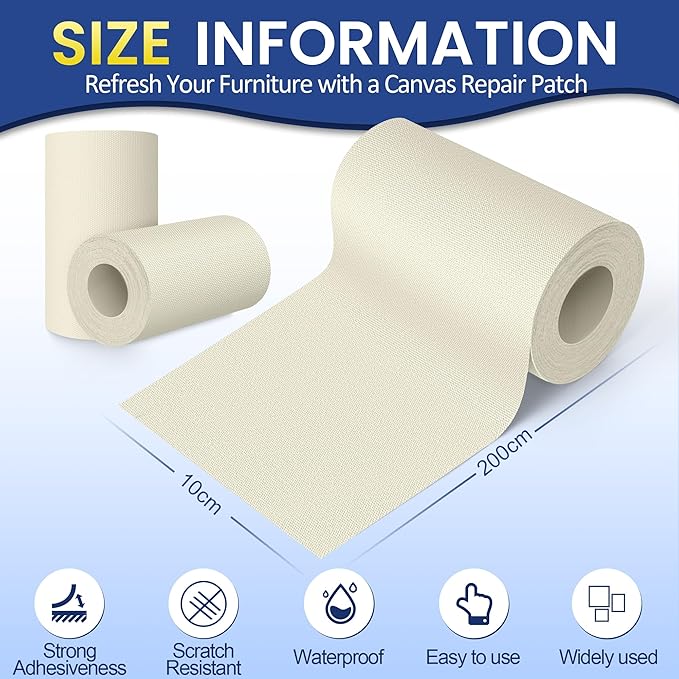 Self-Adhesive Canvas Repair Tape, 4" x 79" Waterproof Canvas Repair Patch, Fabric Patch Repairs Kit for Furniture, Tents, Sunbrellas, Boat Covers Awnings, Couches, Clothes, Bags Beige&White