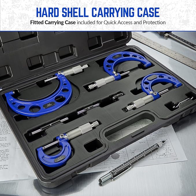 Premium Outside Micrometer Set 0-4" / 0.0001" (0-1"/1-2"/2-3"/3-4") Precision Machinist Tools w/Carbide Tips, Standards, Ratchet Stop, Blue