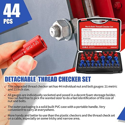 Nut and Bolt Thread Checker - 44 PCS Nut and Bolt Gauges Individually Housed in Case (23 Inch & 21 Metric) Specially Suitable for Size Check on Tricky and Narrow Area