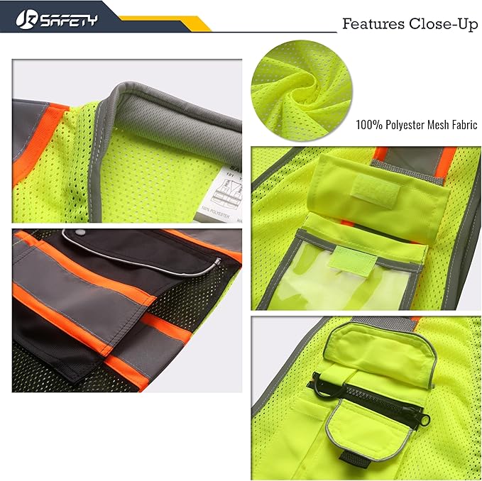 JKSafety 9 Pockets Class 2 Hi-Vis Safety Vest High Visibility Reflecitive Mesh Safety Vests for Men and Women Cushioned Collar Work Utility PPE Work Gear ANSI/ISEA compliant (101-YBlack XL)