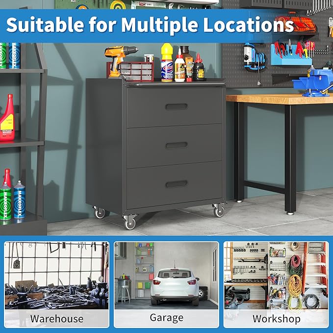 Metal Garage Storage Cabinet with Wheels,Locking Rolling Tool Cabinet with Drawers and Shelves for Home, Office, Garage & Workshop