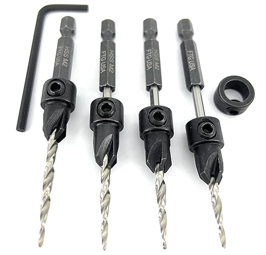 FTG USA Adjustable Wood Countersink Drill Bit Set 4 Pc #6 (9/64") with Tapered Drill Bit for Woodworking