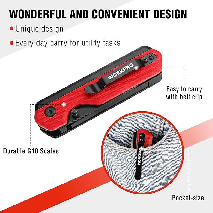 WORKPRO 2-in-1 Folding Knife/Utility Knife, Quick-Change Box Cutter with Belt Clip, Liner Lock, and G10 Handle, Extra 10 SK5 Blades Included, Red