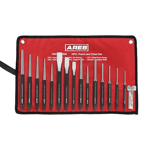 ARES 50005-16-Piece Punch and Chisel Set - Tapered, Pin, Center Punches & Cold Chisels for Various Applications