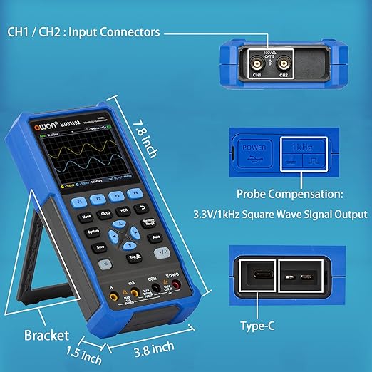 HDS2102 Oscilloscope 2CH Digital Handheld Oscilloscope Multiumeter 3.5" LCD 100MHz Bandwidth for Automobile Maintenance Power Detection