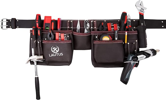 LAUTUS Oil Tanned Leather Tool Belt/Pouch/Bag, Carpenter, Construction, Framers, Handyman, Electrician - 100% LEATHER