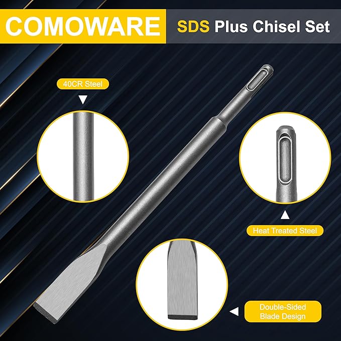6pcs SDS Plus Chisels, Chisel Set with SDS Plus Shanks, High-Quality 40CR Steel Masonry Chisel, Professional Tile Removal Tool for Home Improvement and Masonry Demolition