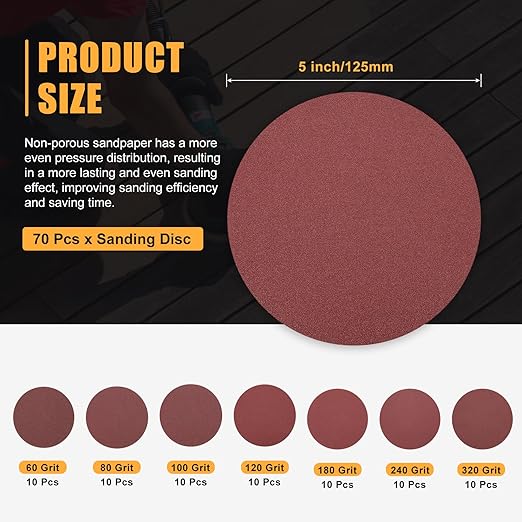 70 Pcs 5 Inch Sanding Disc 60/80/100/120/180/240/320 Grit Round Hook and Loop Sandpaper for Random Orbital Sander Automotive Car