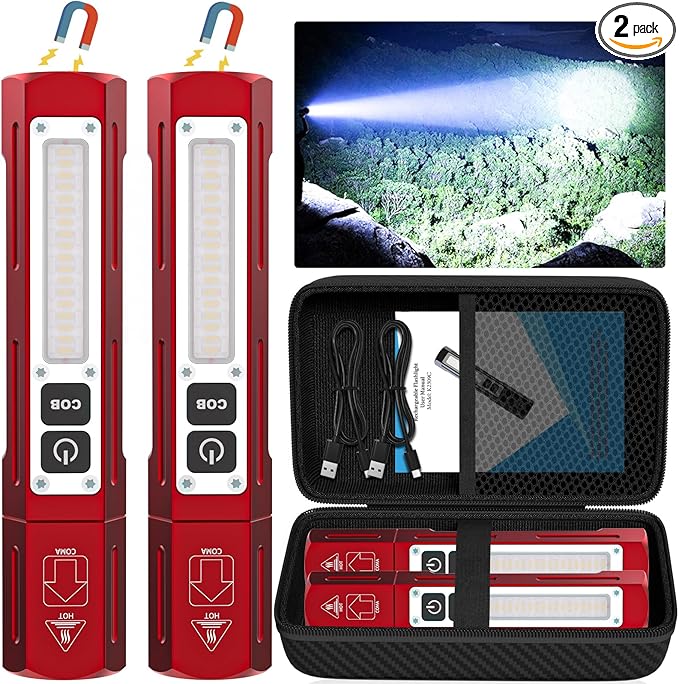Rechargeable Flashlights High Lumens - Super Bright Small Pocket Magnetic Flashlight, 8 Modes LED Tactical Flash Light, Dual Button Powerful Flashlight for Camping (2, Red)