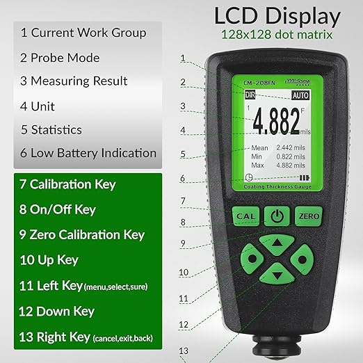 Digital Coating Thickness Gauge CM-208FN / Automatic Thickness Paint Meter for Steel and Aluminum with Resolution 0.001mils /0.1um (Fe/Al)