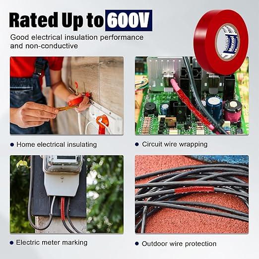 Red Electrical Tape PVC Vinyl - 3/4 In 60 Ft Professional Grade General Purpose Red Electric Tape Flame Retardant Waterproof For All Weather Under 600V Electrical Insulating Use Pack of 2 Rolls