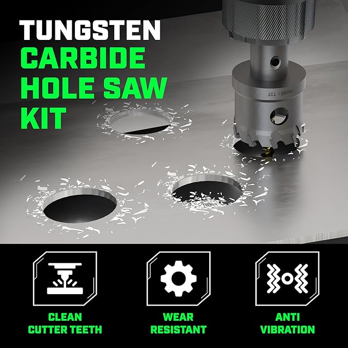 Tungsten Carbide Hole Saw Kit 22 Pcs – Carbide Hole Saw Set 9/16" to 2-1/8" for Metal, Stainless Steel, Wood – Includes 2 Drill Bits, Deburring Tool, 4 Blades, 3 Allen Wrenches – Industrial & DIY Use