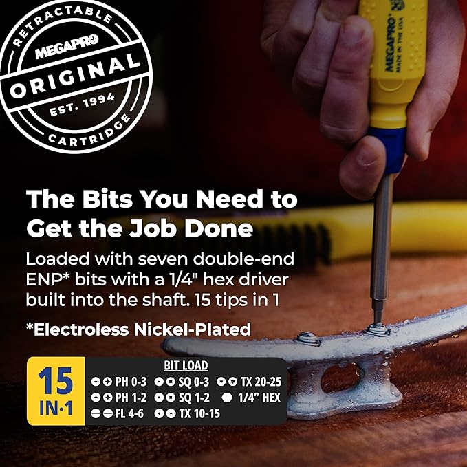 MEGAPRO® 15-in-1 Original Multi-bit Screwdriver | Home DIY & Repair | Construction | Tradeswork | 14 Industrial-grade bit tips | 1/4" Hex Drive in shaft (Stainless Steel)
