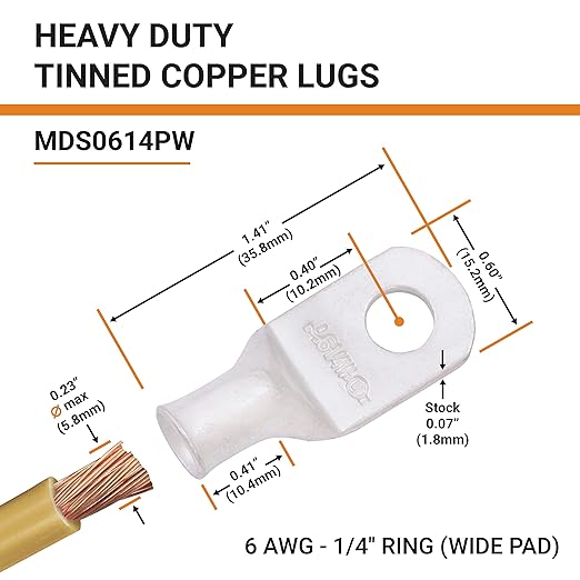 SELTERM 25pcs 6 AWG 1/4" Stud (Wide Pad) Marine Grade Tinned Copper Battery Cable Lugs, 6 Gauge Ring Terminals,UL Wire Lugs Electrical Battery Cable Ends,Tinned Copper Lugs Battery Terminal Connectors