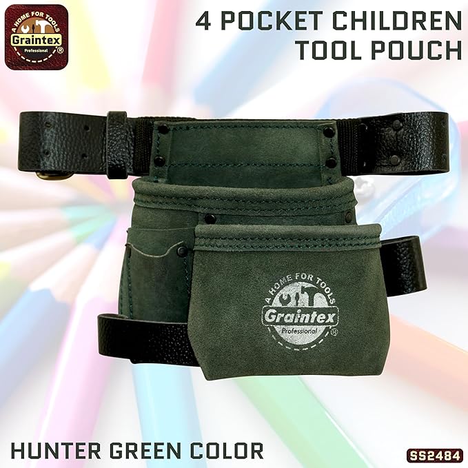 Graintex 4 Pocket Children Tool Pouch Suede Leather with Leather Belt and Hammer Loop