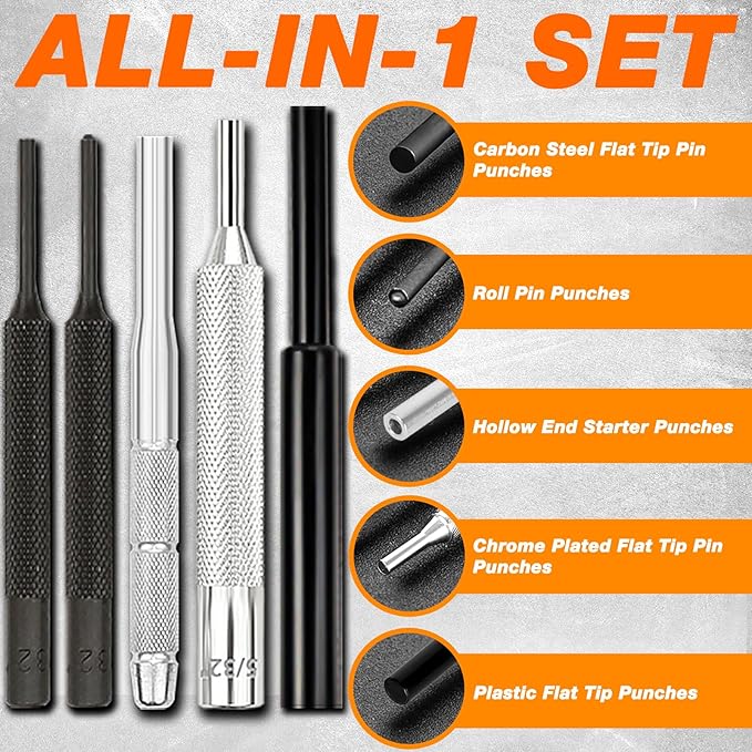 BESTNULE Punch Set, Punch Tools, Roll Pin Punch Set, Made of Solid Material Including Steel Punch and Hammer, Ideal for Machinery Maintenance with Organizer Storage Container (Without Bench Block)