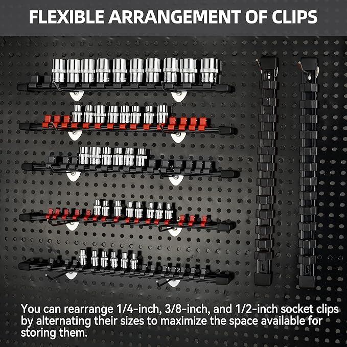 Socket Organizer Drive ABS Tools - Black Socket Holder, Premium Quality 18 Pieces Socket Holders Kit 1/4-Inch x 96 Clips, 3/8-Inch x 90 Clips, 1/2-Inch x 72 Clips（18PC,Black)
