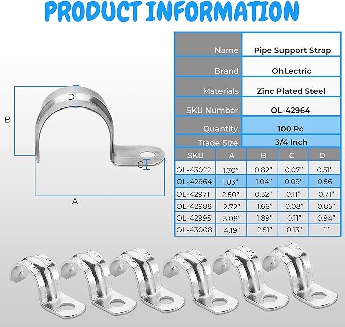 OHLECTRIC Heavy Duty Pipe Strap (100 Pack - ¾ Inch) Zinc-Plated Steel EMT Conduit Clamps - 1 Hole Reinforced Rib Design - Snap-On Installation - Metal Pipe Strap for EMT Conduits