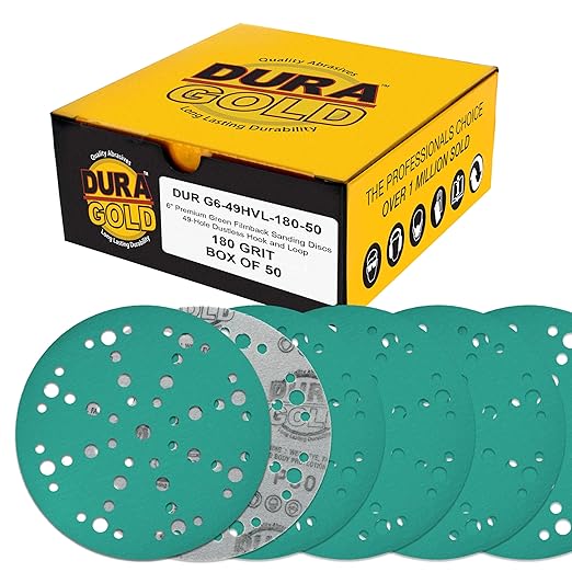 Dura-Gold Premium 180 Grit 6" Green Film Sanding Discs, 49-Hole Pattern, Box of 50 - Heavy-Duty Dustless Hook & Loop Backing Sandpaper for DA & Random Orbital Sanders, Sand Auto Paint, Wood Furniture