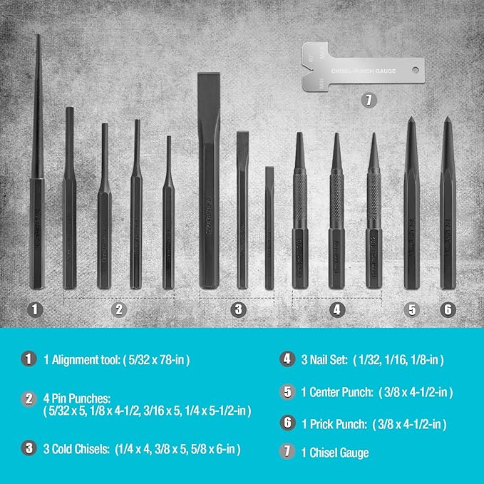 DURATECH 14 Piece Punch/Chisel/Alignment Tool Set, Including Pin Punch, Center Punches, Nail punch, Alignment Tool, Cold Chisels, Chisel Gauge, for Removing Repair Tool, with Rolling Pouch