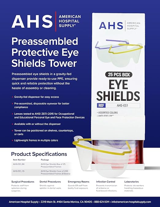 Eye Shield [Case of 200] Pre-Assembled Eye Protective Glasses, Eyewear PPE for Hospitals with ANSI Tested Lenses, Lightweight Frame | Glasses Only WALLMOUNT SOLD SEPARATELY