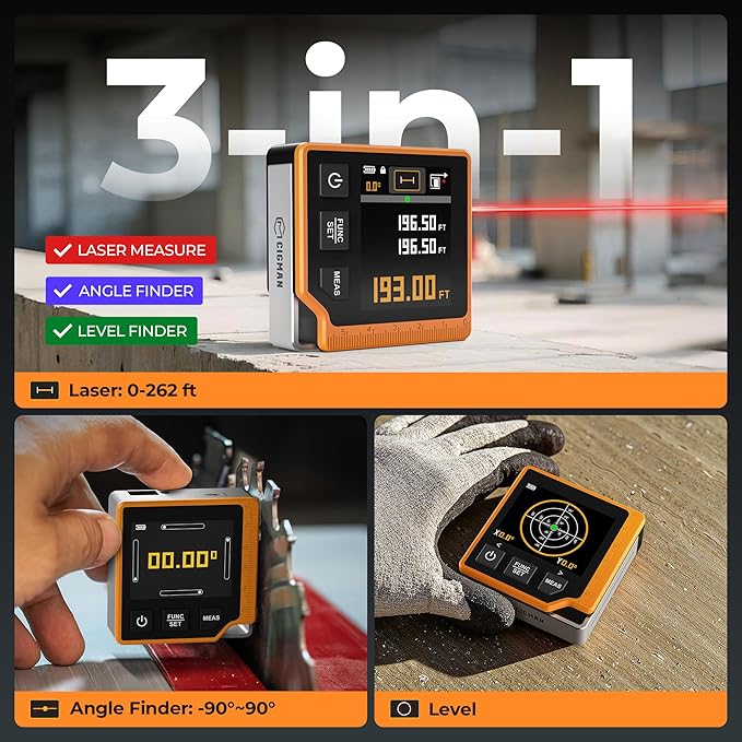 Laser Measuring Tool, 262ft Laser Measure with Digital Angle Finder & Level, Rechargeable Laser Measurement Tool with 2.4'' Color Backlit Display, 6 Units Ft/in/M, Length/Area/Volume/Pythagorean Mode