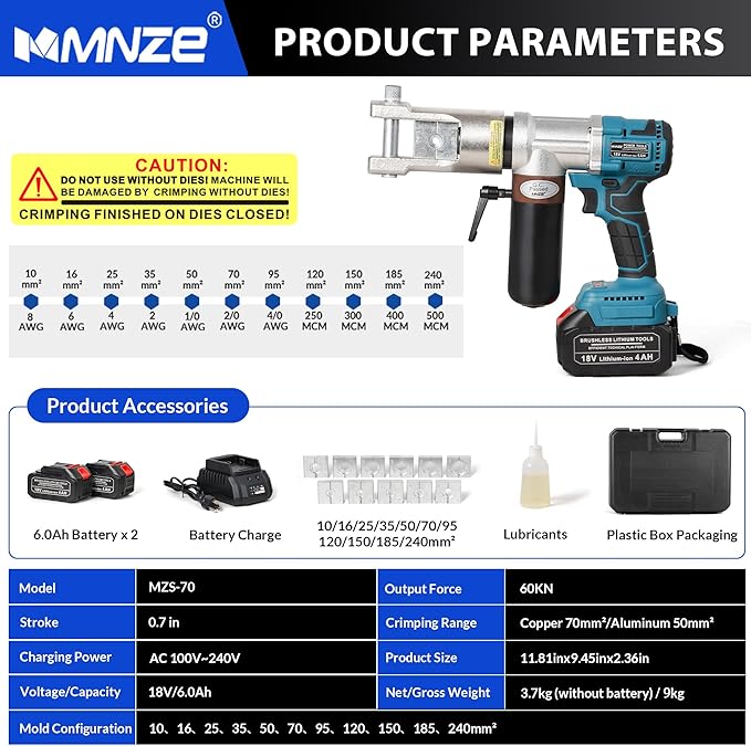 Electric Hydraulic Cable Lug Crimping Tool Hydraulic Electrical Terminal Cable Lug Wire Crimper Rechargeable Crimping Tool Kits with 11 Dies, 8 AWG to 500 MCM
