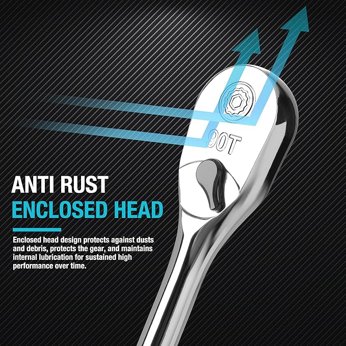 DURATECH 3-Piece Extra Long Drive Ratchet Handle, 1/4", 3/8", 1/2" 90-Tooth Ratchet Wrench with Dust Proof Teardrop Enclosed Head, Reversible, CR-V Steel Made, CR-MO Head, Full Polished, Gifts for Men